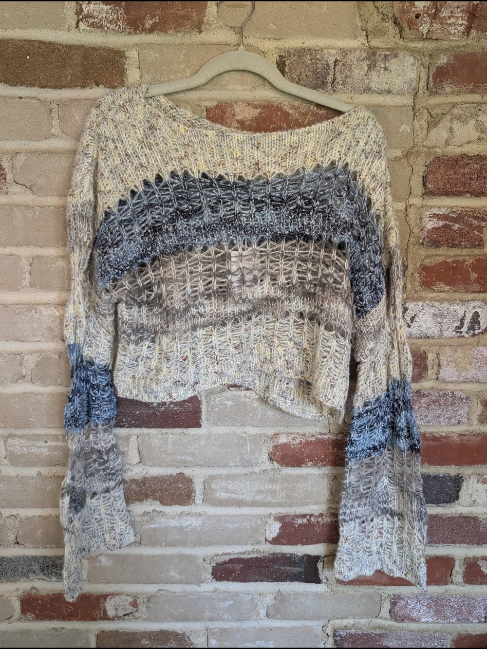 emory park Neutral Striped Open-Knit Cropped Sweater - Beige & Gray